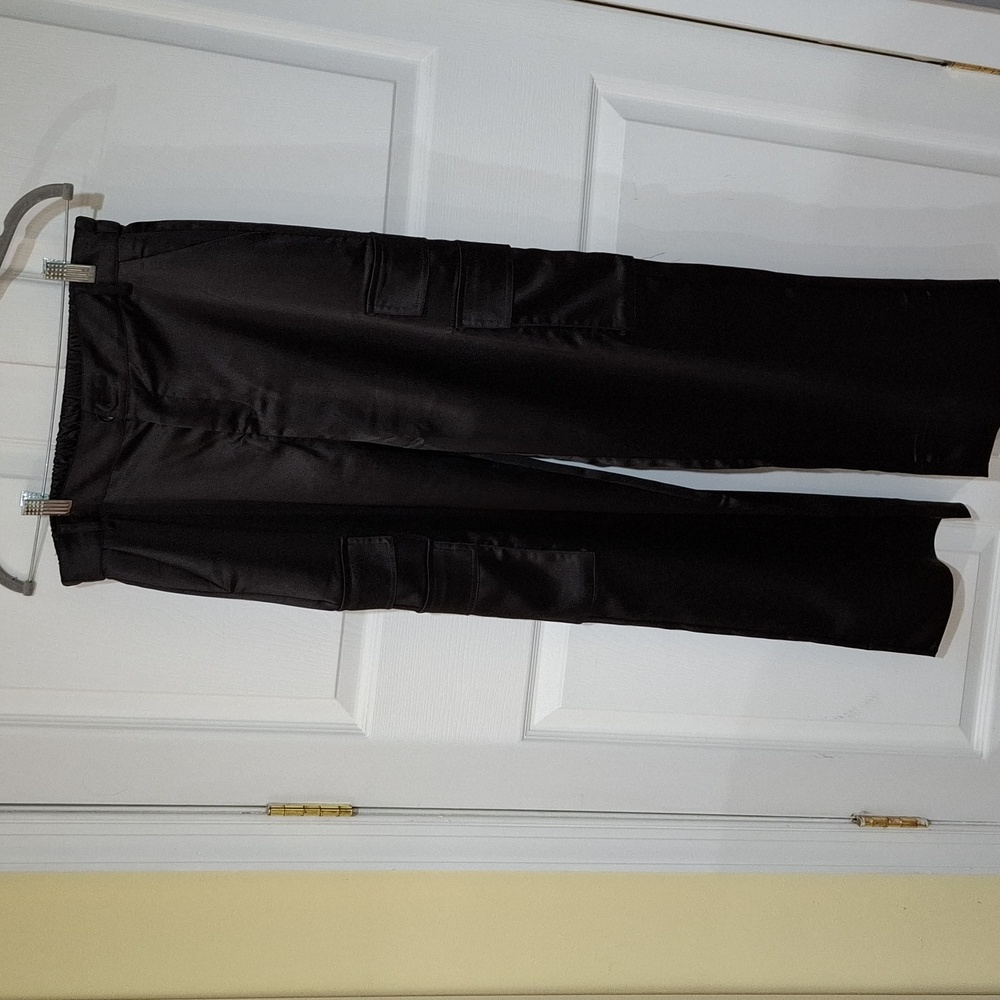 Women's Black Satin Cargo Pants